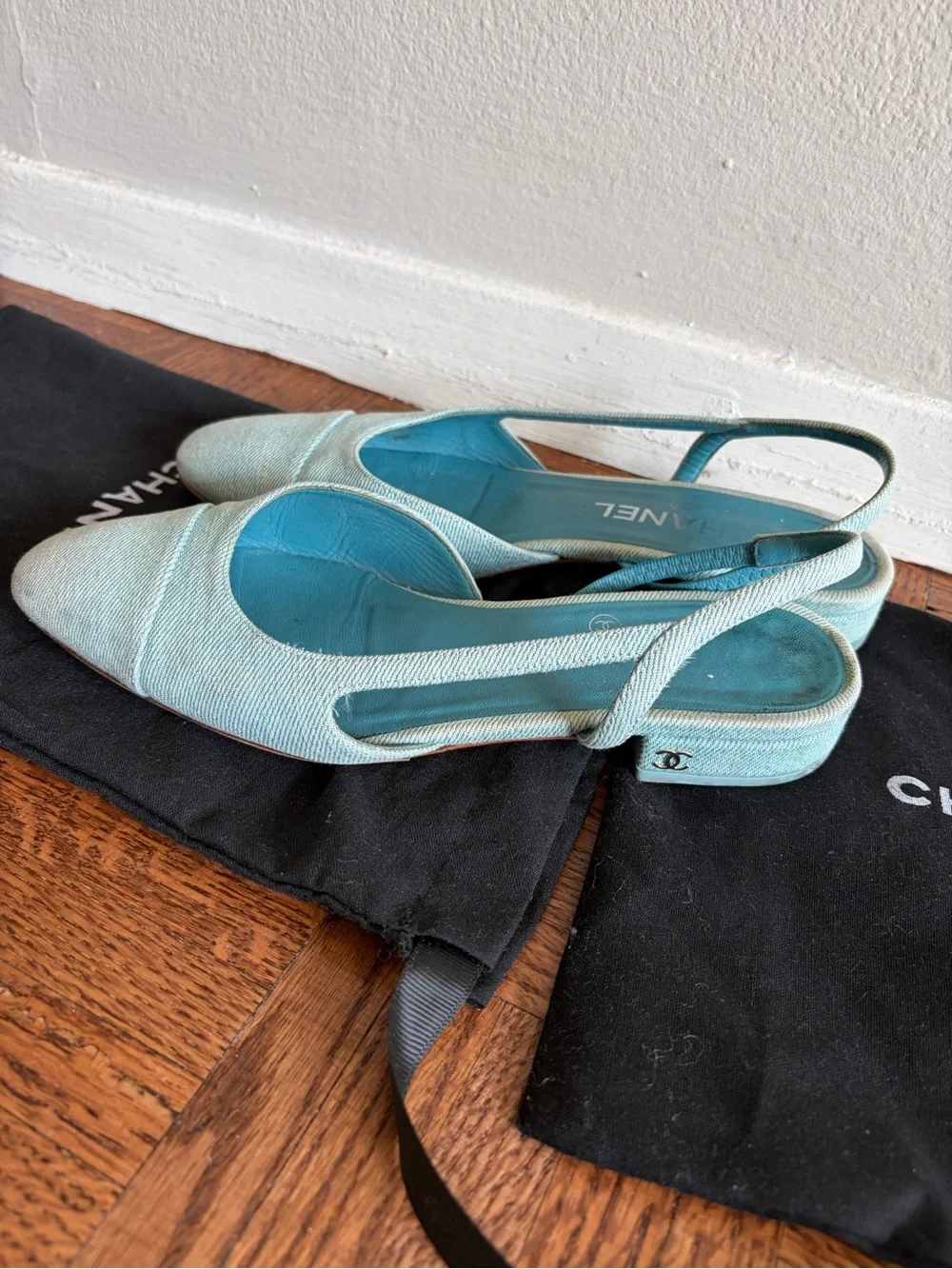 Chanel denim slingback flats mules